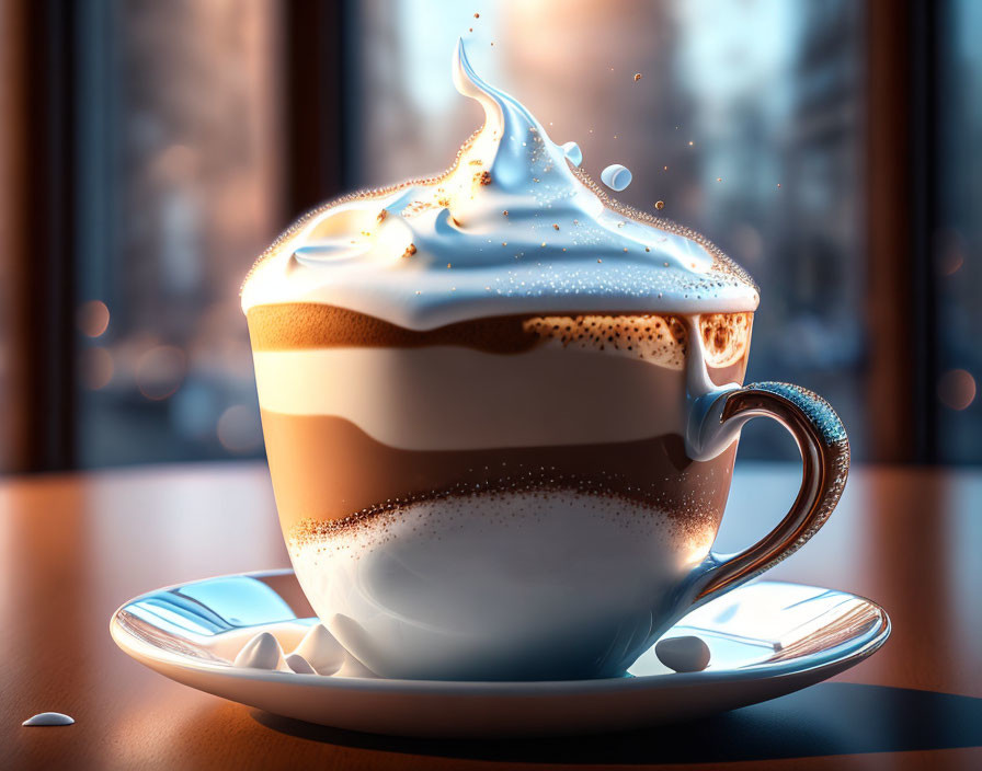 Layered cappuccino on saucer against cityscape with sunlight filtering through