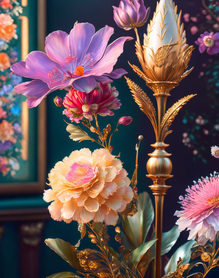 Detailed digital art: Stylized blooms in purple, pink, and gold against dark floral backdrop