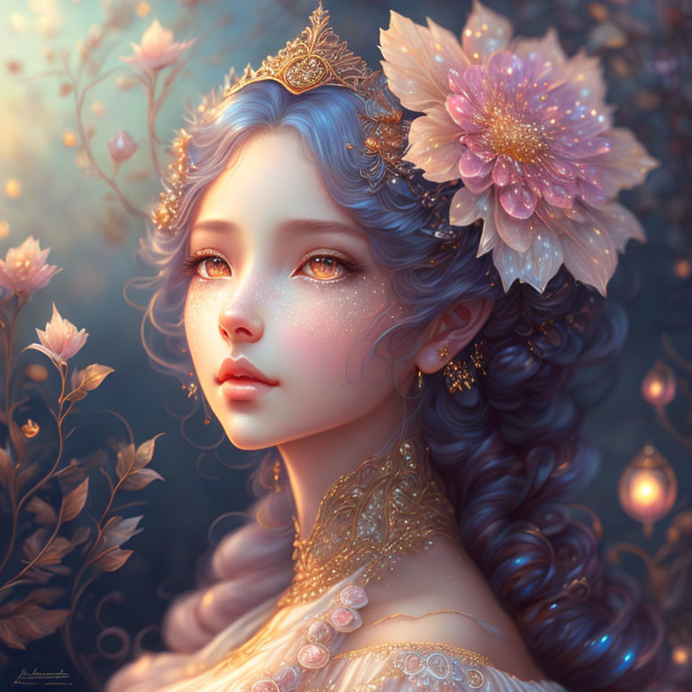 Fantasy portrait: Woman with blue hair, floral adornments, radiant skin, mystical aura.