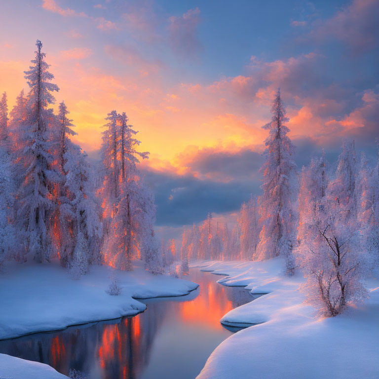 Snowy Trees and River in Warm Sunset Glow