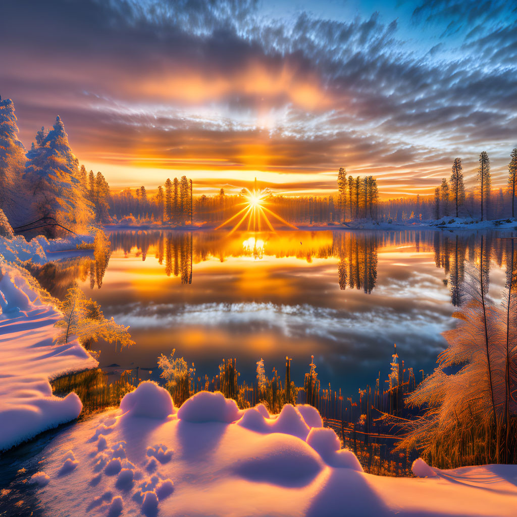 Tranquil snow-covered landscape at vivid sunrise