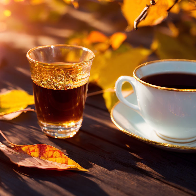 Beverages on wooden table with autumn leaves in warm sunlight