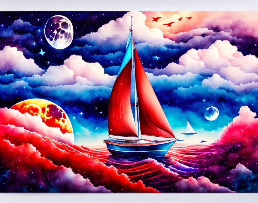 Colorful sailboat on fantastical sea with multiple moons and stars