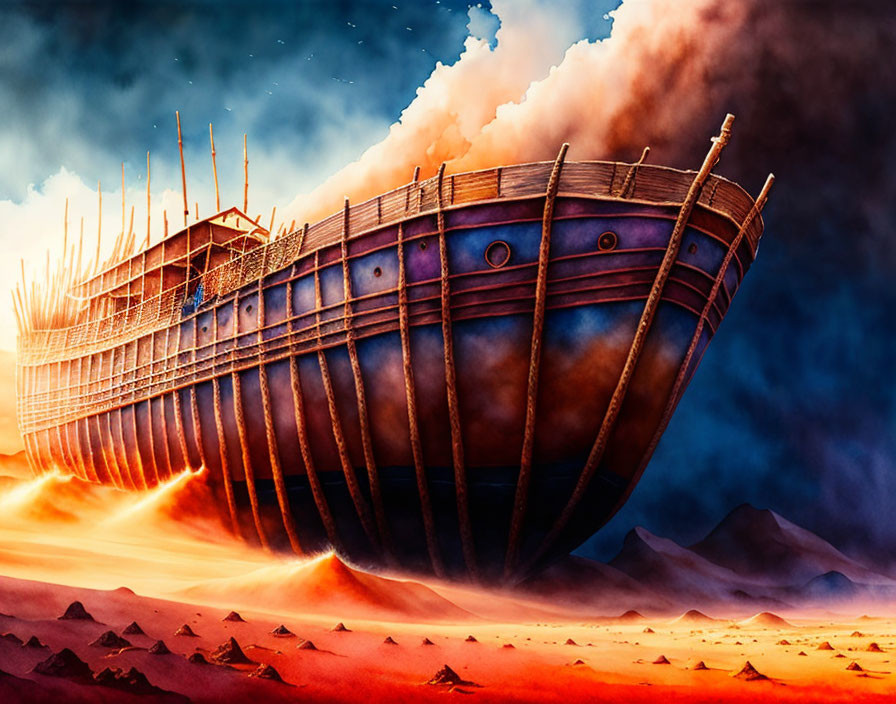 Wooden ark under construction under dramatic red and blue sky on desolate red earth landscape