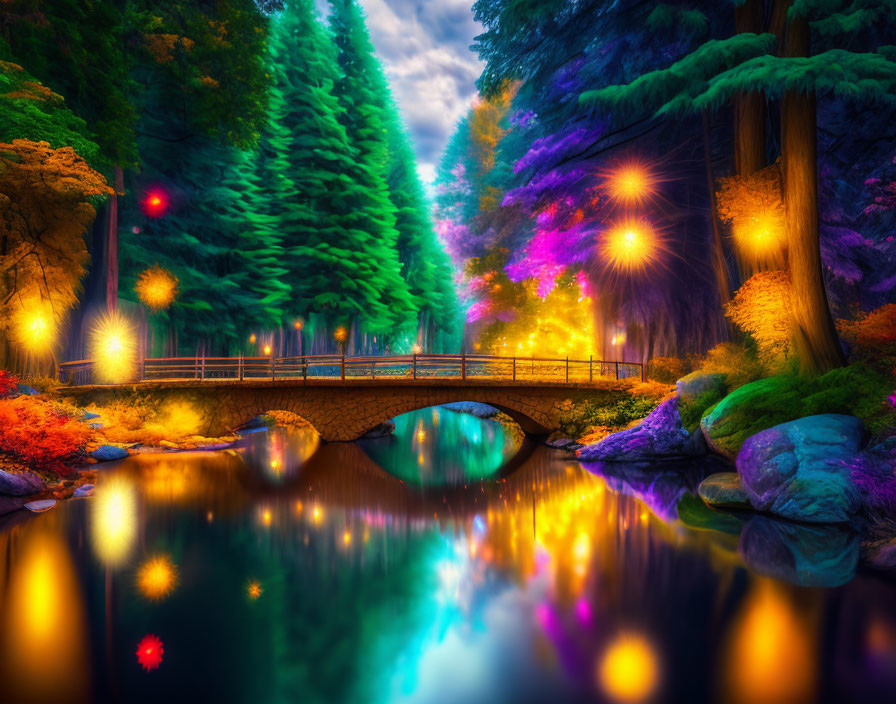 Stone bridge over calm river in vibrant fantasy landscape