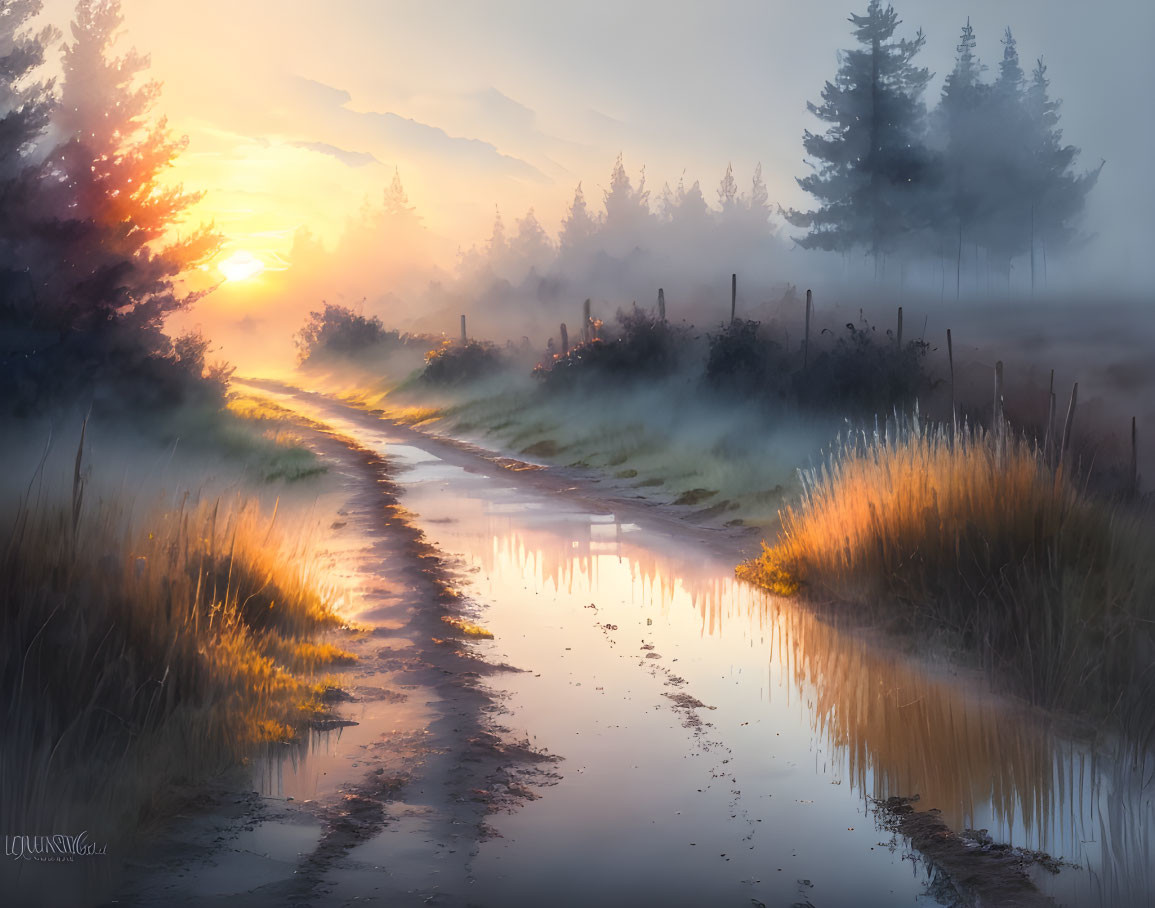 Sunlit Path through Serene Landscape with Puddles and Tall Grasses