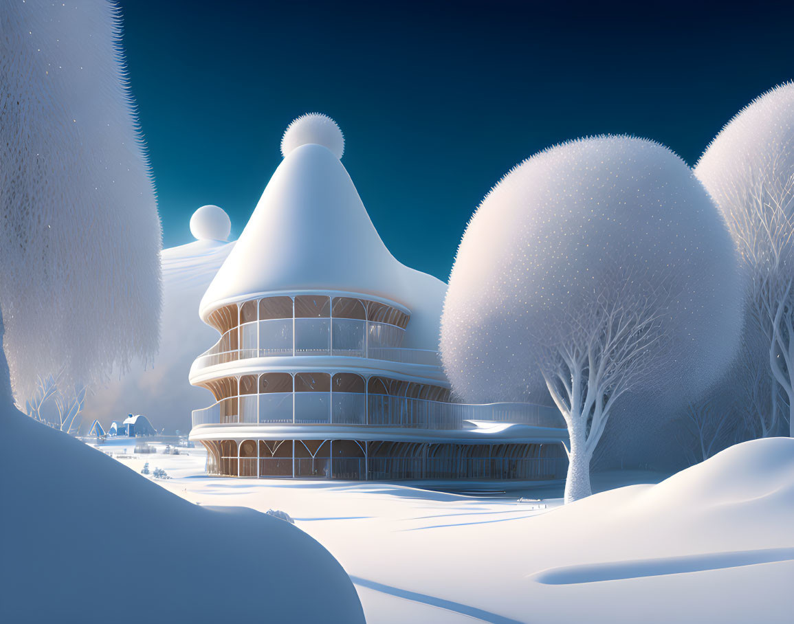 Snow-covered cone-shaped building in whimsical winter scene