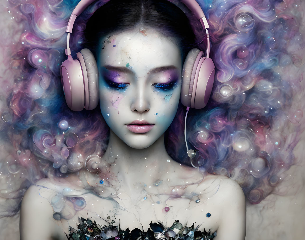 Surreal portrait of person with serene expression in pink headphones