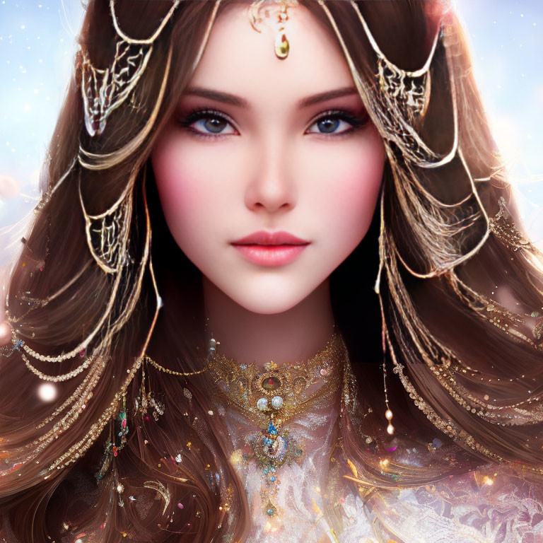 Digital portrait of woman adorned with jewels and golden outfit on soft background