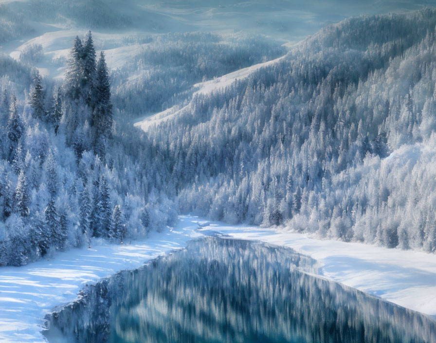 Snowy trees and river in serene winter landscape with hills and hazy sky