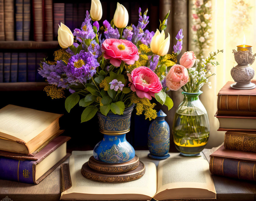 Cozy Book Stack, Flowers in Vases, Curtain-Draped Window