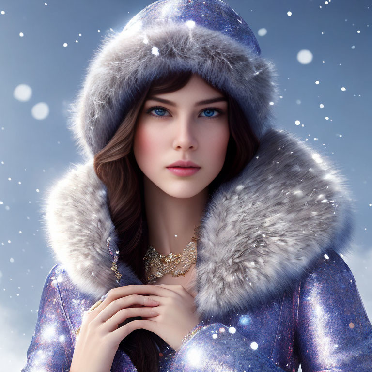 Digital artwork: Woman with blue eyes and brown hair in winter coat and fur hat in snowfall