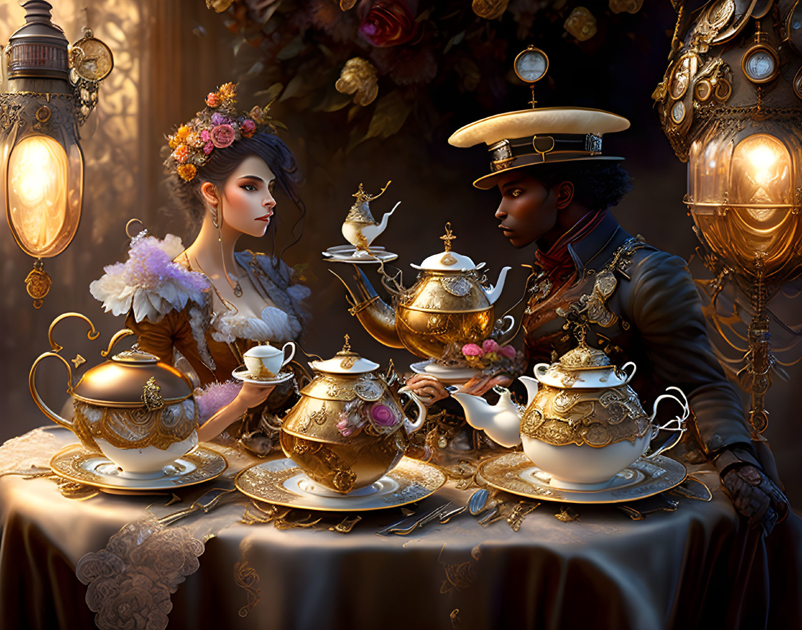 Victorian-era styled couple at magical tea party in ornate room