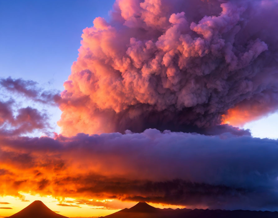 Vibrant orange and purple sunset sky with volcanic eruption plume.