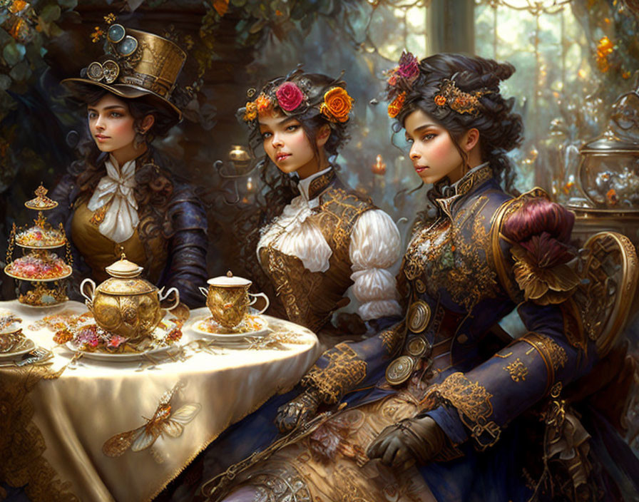 Three Women in Victorian Steampunk Attire Enjoy Tea and Pastries in Lush Setting