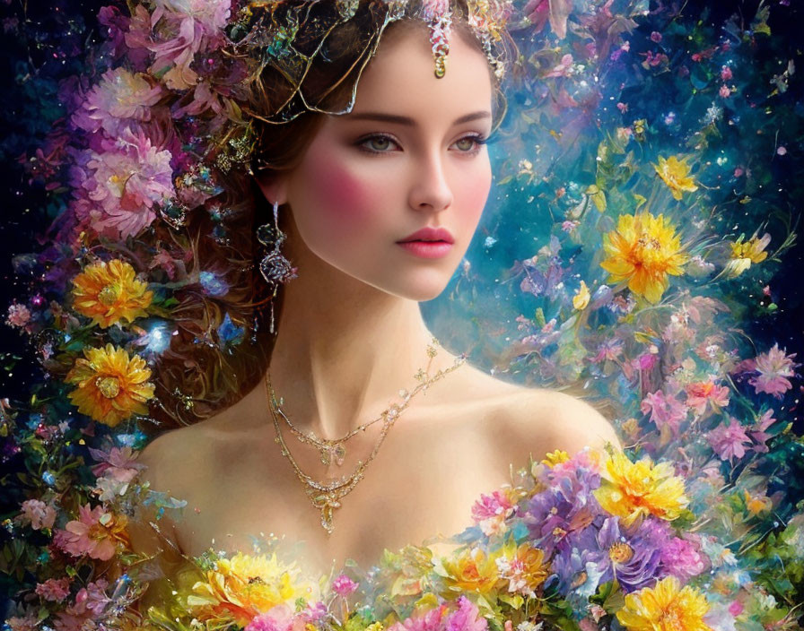 Surreal portrait of a woman with jewelry amid vibrant flowers