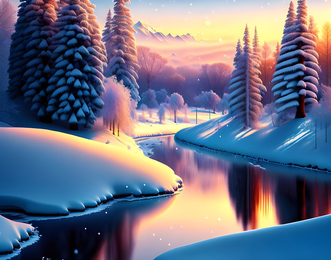 Snow-covered trees, calm river, mountains at sunset in serene winter landscape