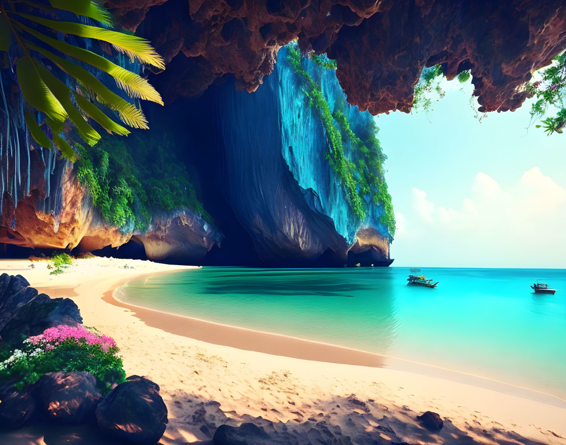 Tranquil beach cave with turquoise waters, sandy shore, greenery, boats, and sunlit