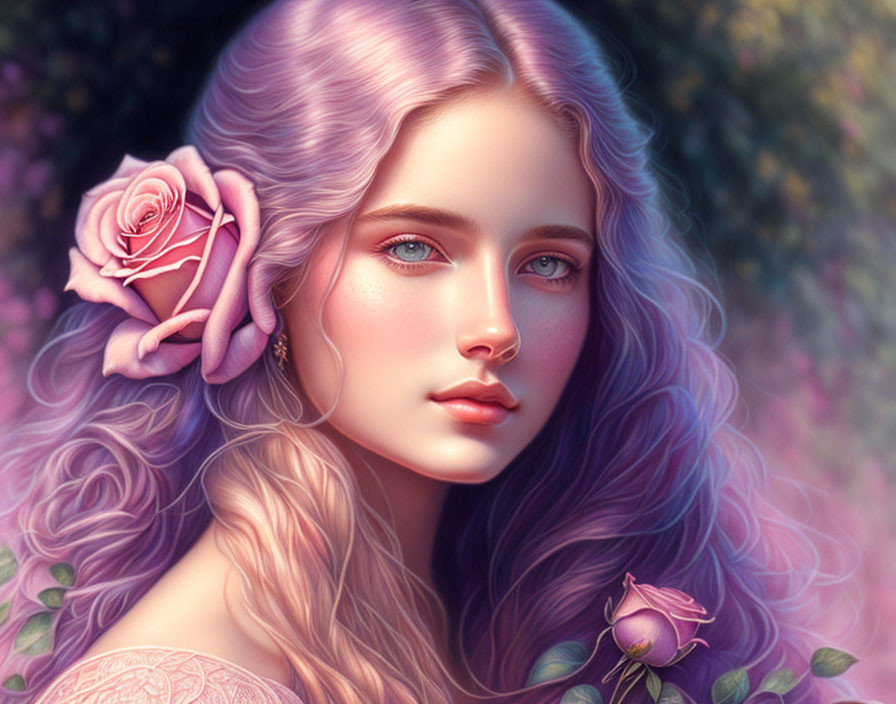 Young woman with lilac hair and blue eyes portrait against floral background