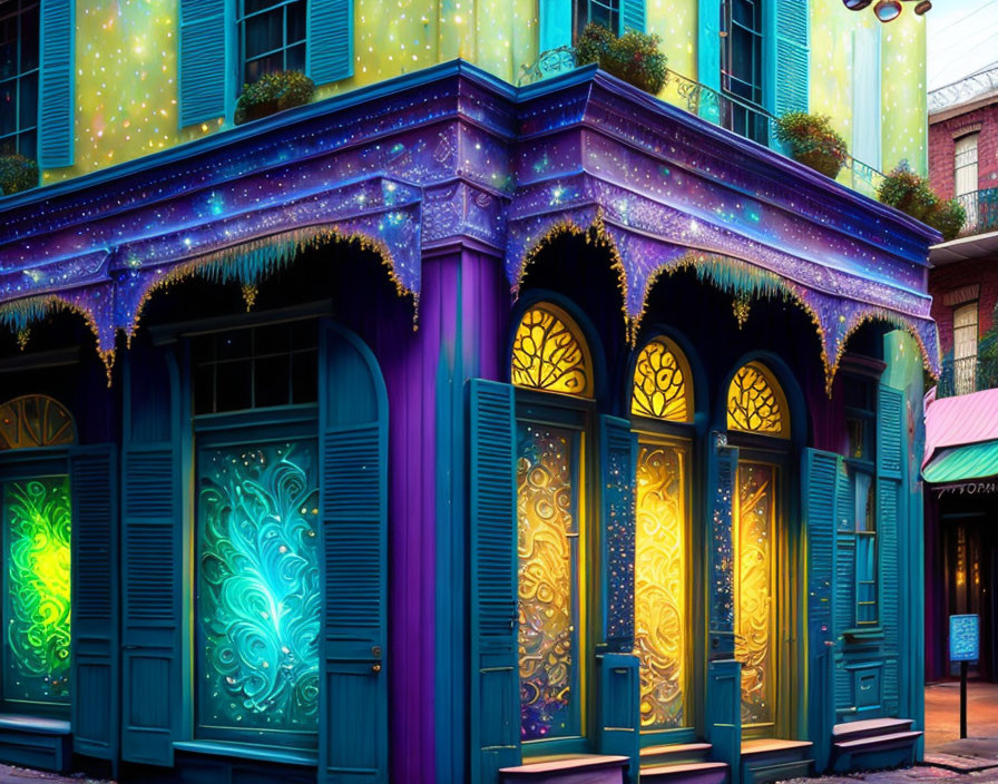 Vibrant building with purple hues and golden doors under twilight sky