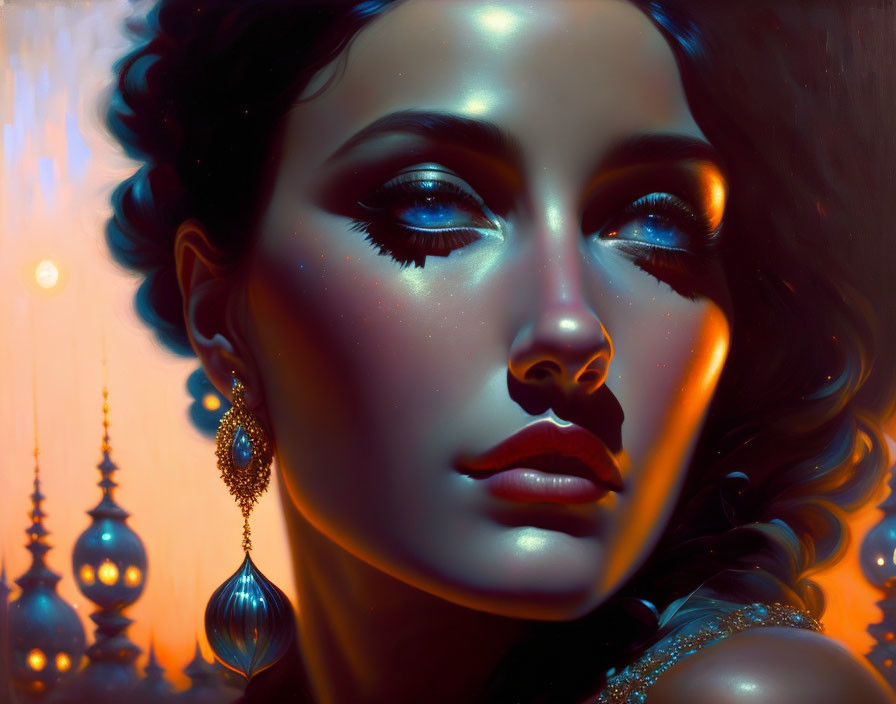 Digital portrait of a woman with luminescent skin and ornate jewelry against fantasy-like architecture