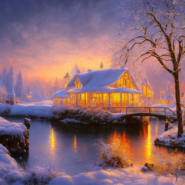 Snowy Winter Dusk: Cozy Cottage by River