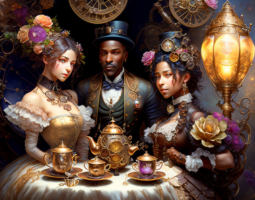 Three people in steampunk attire with tea set and lamp among gears and florals