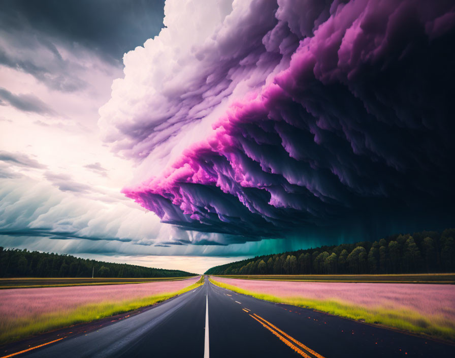 Dramatic road under ominous purple storm cloud