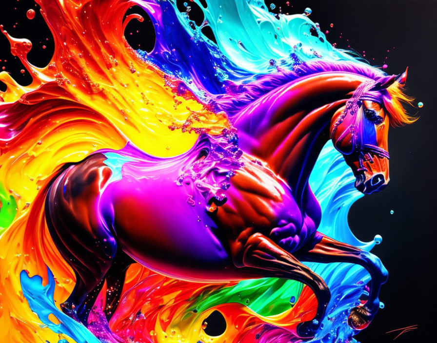 Colorful digital artwork: Horse in motion with liquid splash