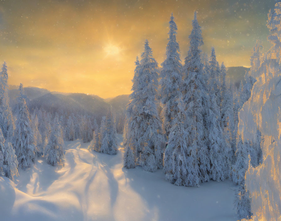 Snow-covered fir trees in serene winter sunset landscape