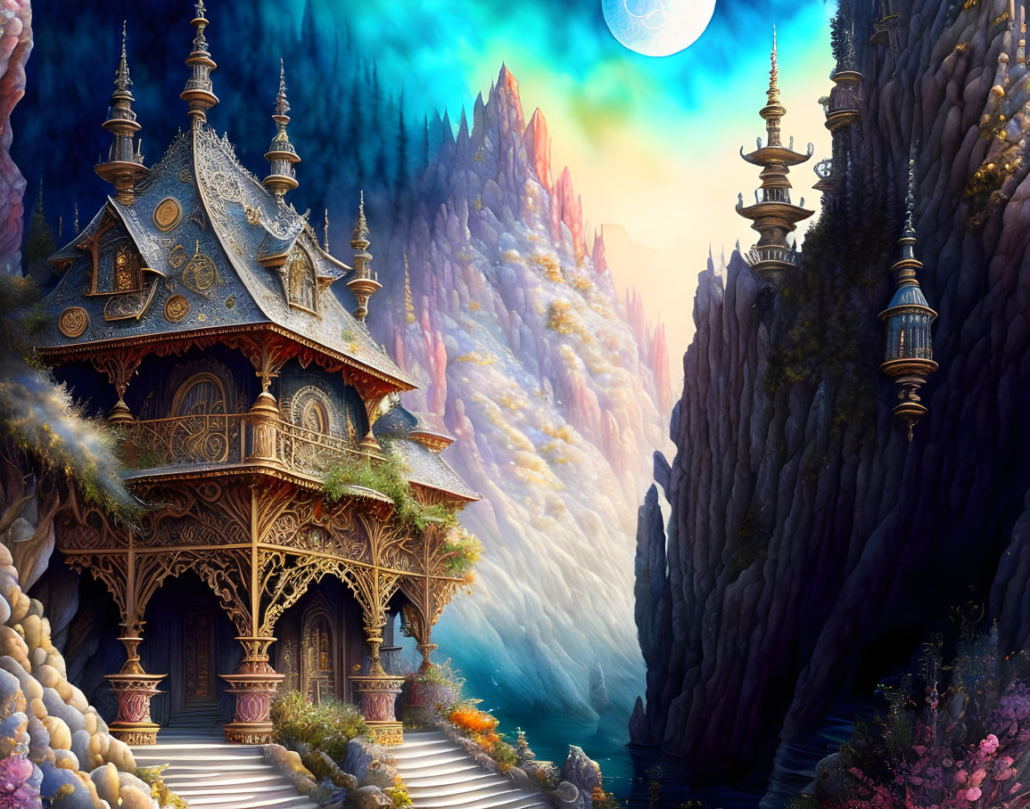 Fantasy house with turrets on colorful cliffs by the sea at night