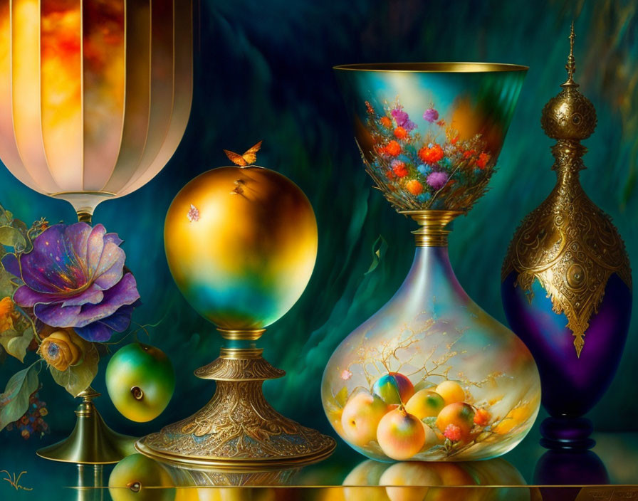 Intricately designed still life with vases, fruits, butterfly, and flower on textured backdrop