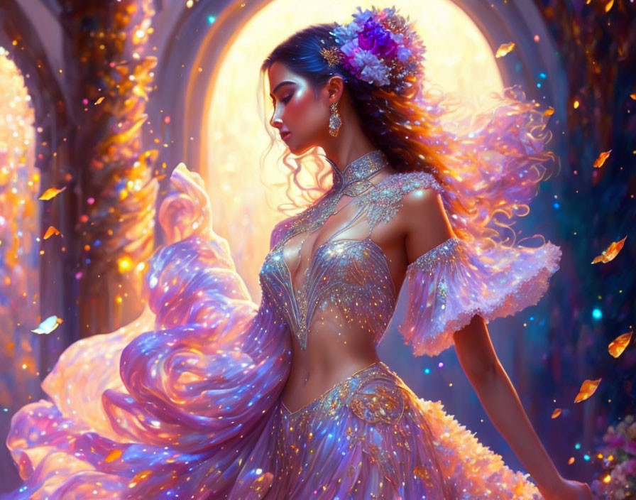 Woman in Sparkling Gown Stands in Magical Portal