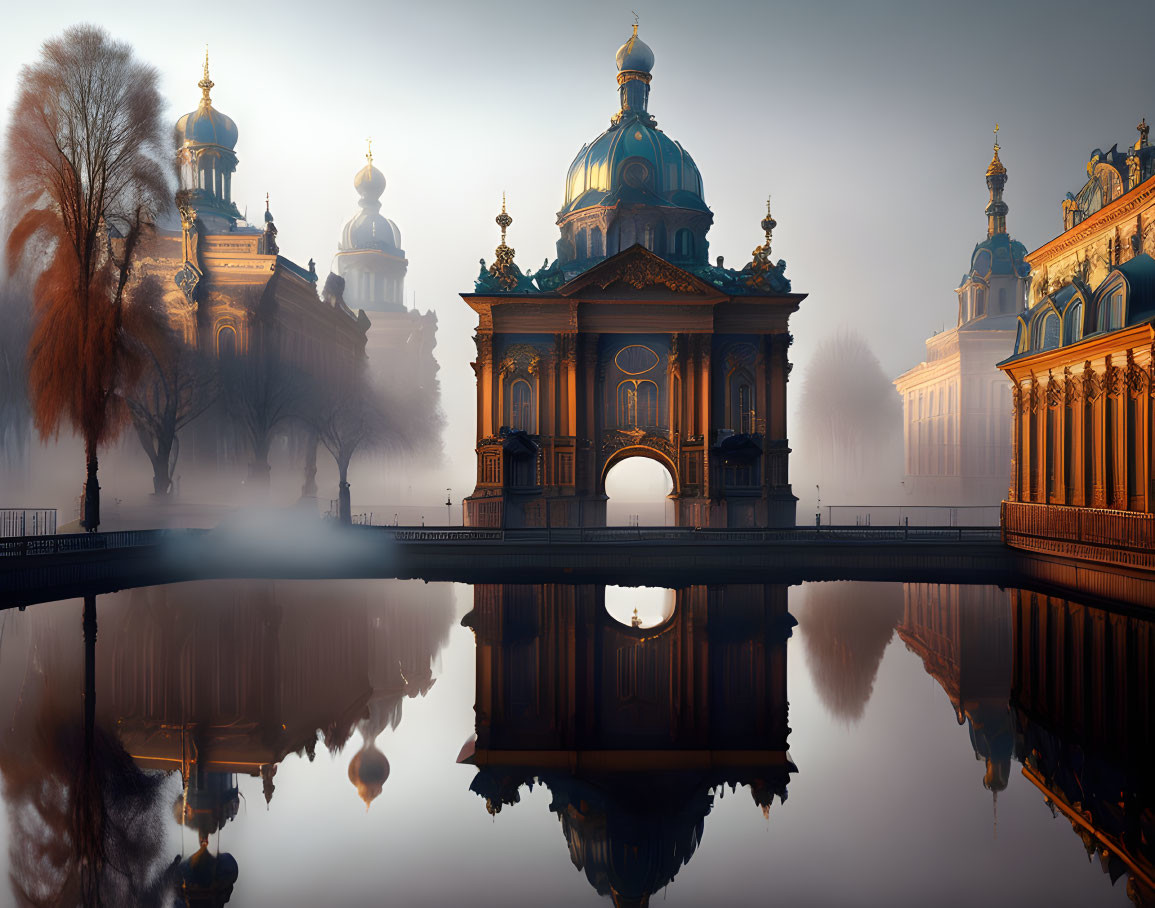 Baroque-style building with domes and spires reflected in serene morning fog