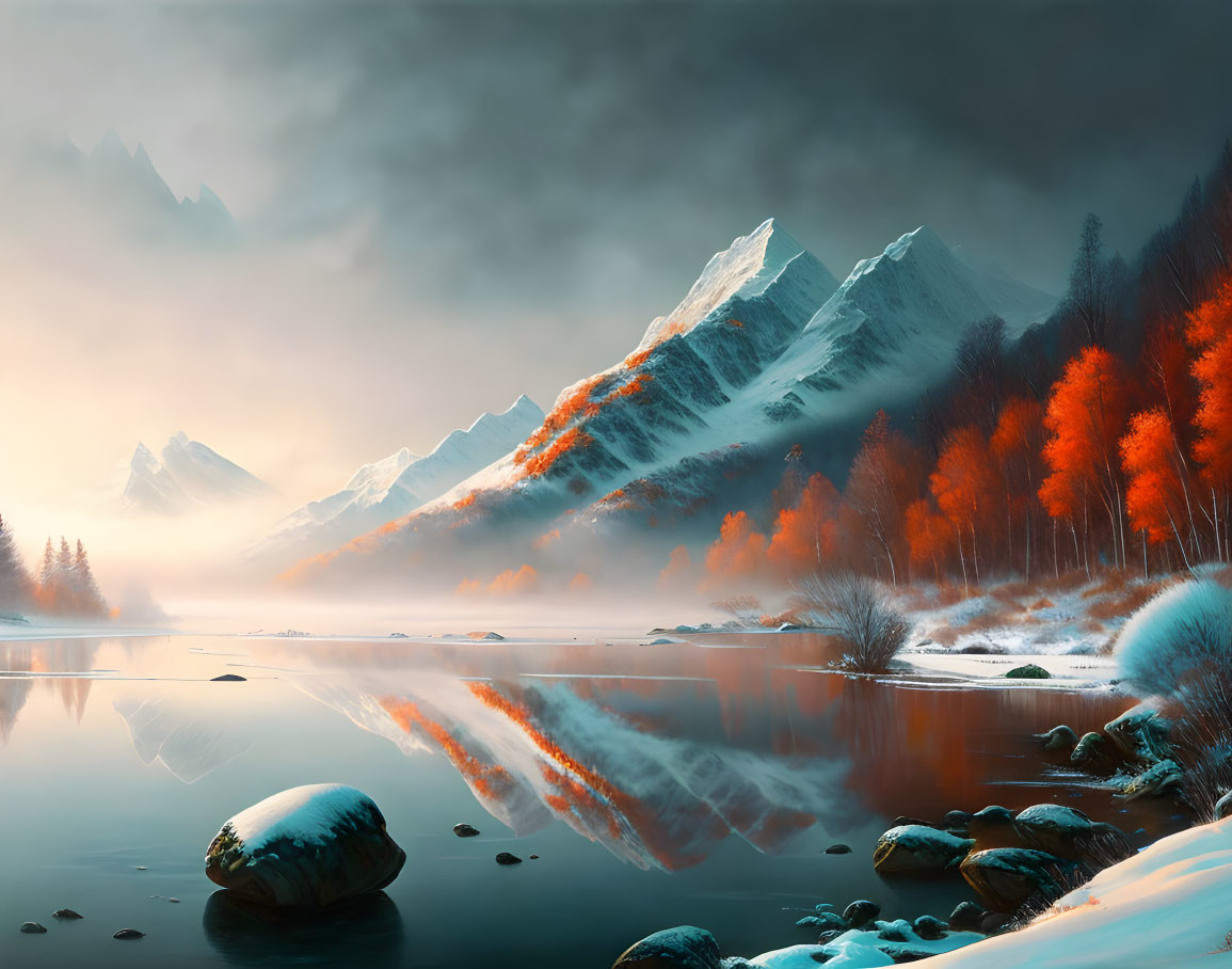 Snow-capped mountains, autumn trees, and serene lake under orange light