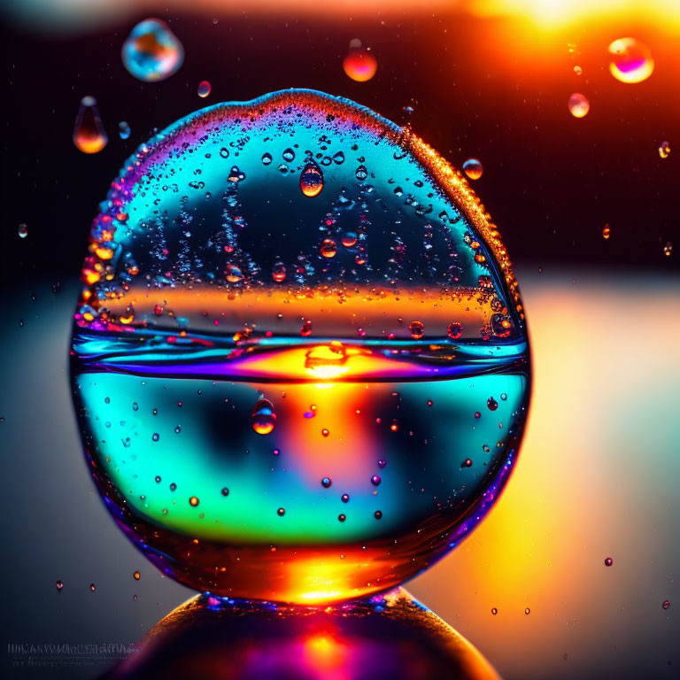 Vibrant macro image of water-filled sphere with bubbles and droplets