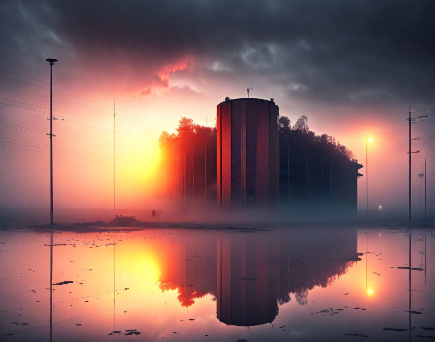 Moody industrial building silhouette at sunrise reflected in water