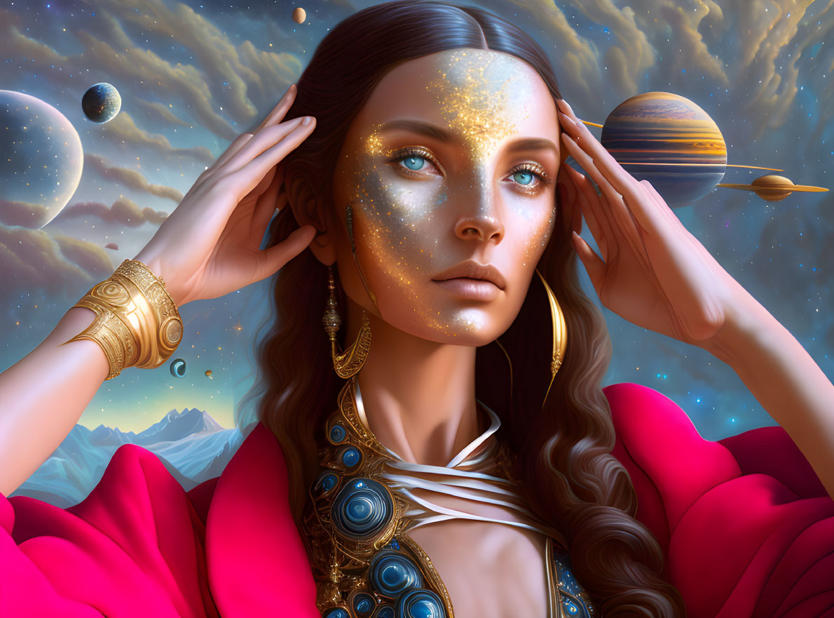 Cosmic-themed makeup woman with space backdrop.