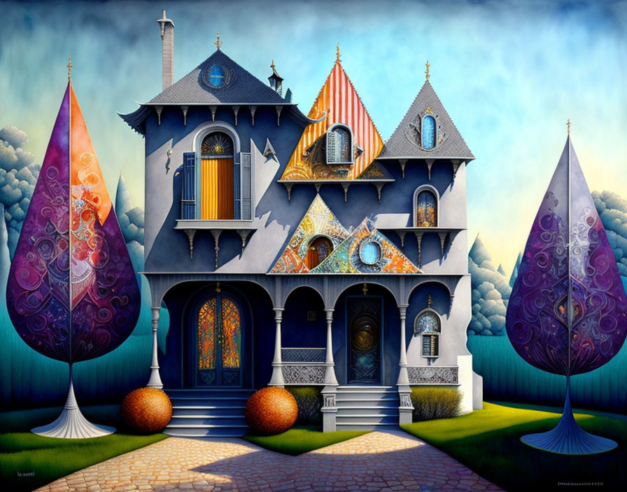 Whimsical fantasy house painting with vibrant trees