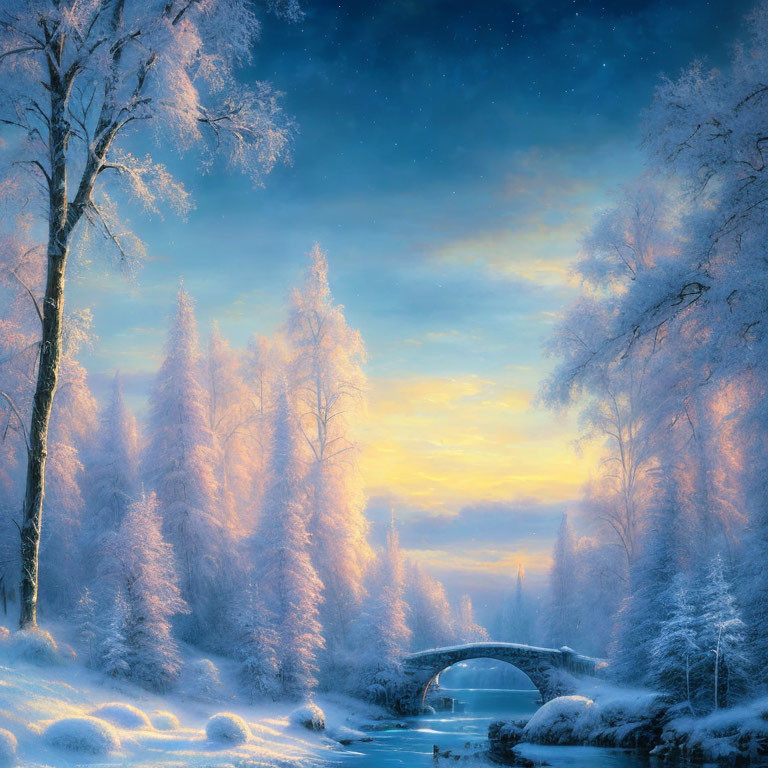 Snowy Winter Landscape: Frozen River, Bridge, Sunrise Glow