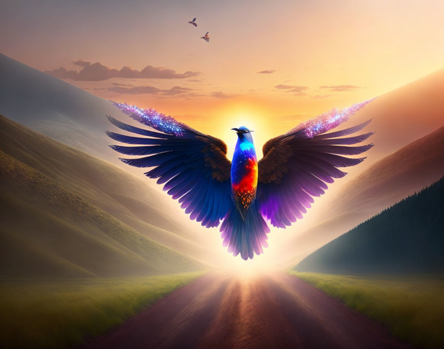 Colorful bird with glowing wings flying over serene valley at sunrise/sunset