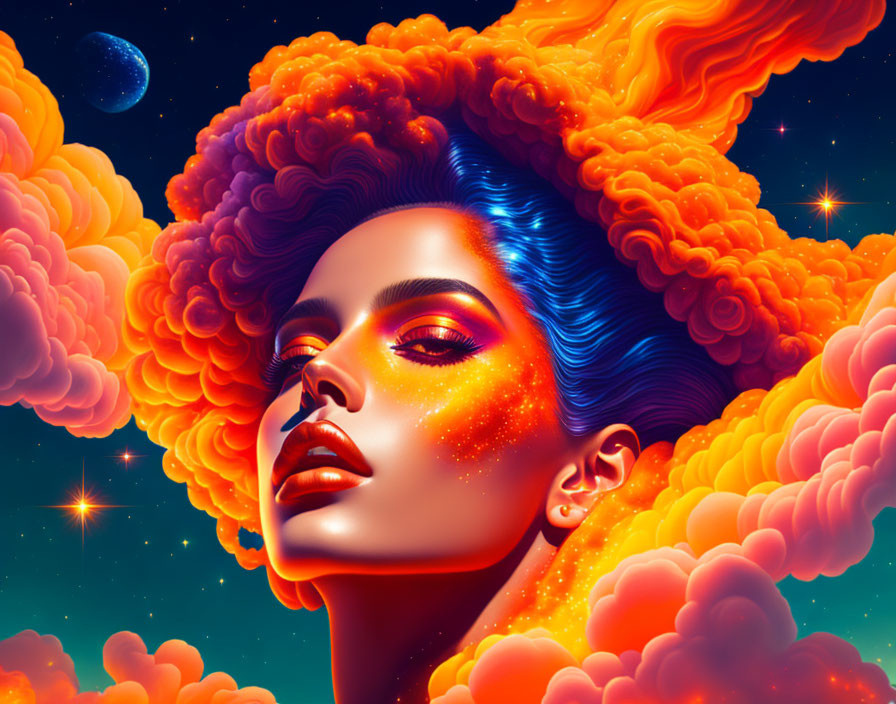 Colorful digital artwork: Woman with orange cloud hair, cosmos backdrop, glowing makeup