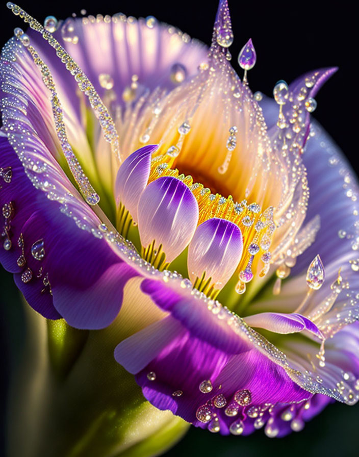 Vibrant purple and white flower with dew drops in close-up view