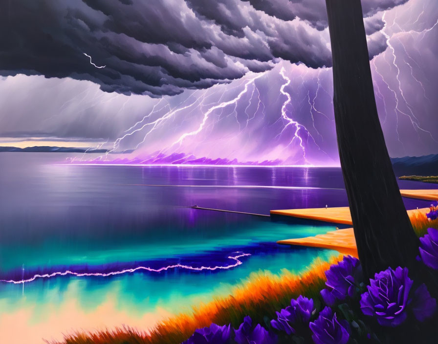 Stormy Sea Illustration: Lightning Strikes, Silhouetted Tree, Colorful Flowers