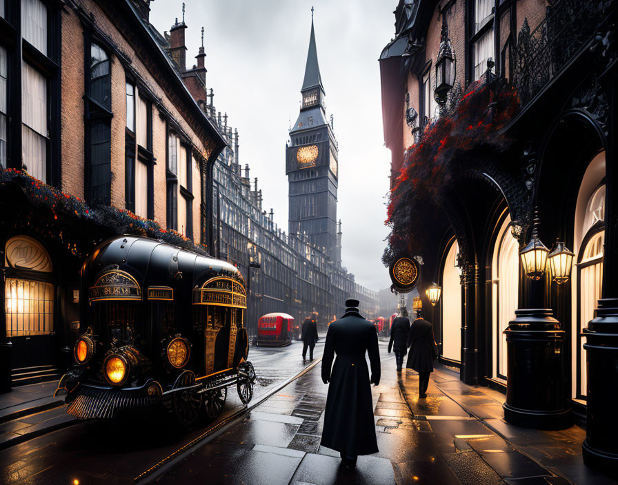 Vintage car, Big Ben, buses, and person in trench coat in moody street view