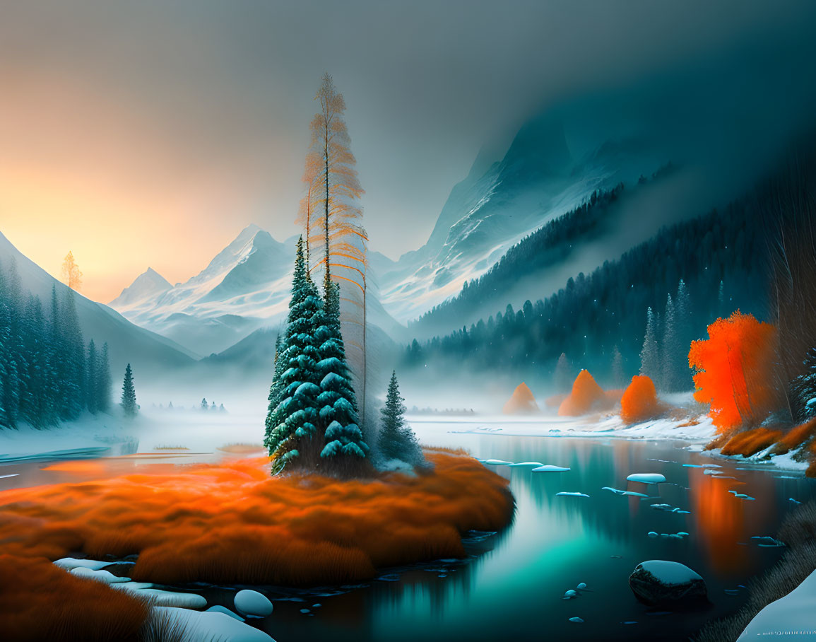 Scenic landscape: river, autumn trees, snowy mountains, tall pine, misty sky