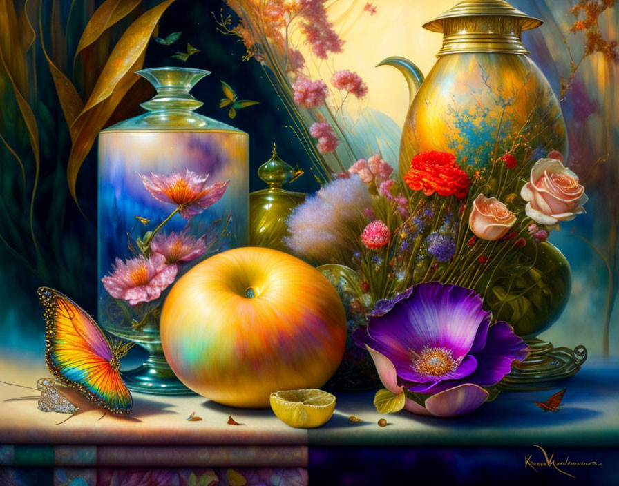 Colorful Still Life Painting with Butterfly, Flowers, Apple, Lemon, and Vessels