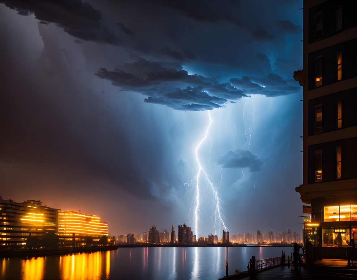 Night cityscape with illuminated buildings, lightning bolts, and waterway