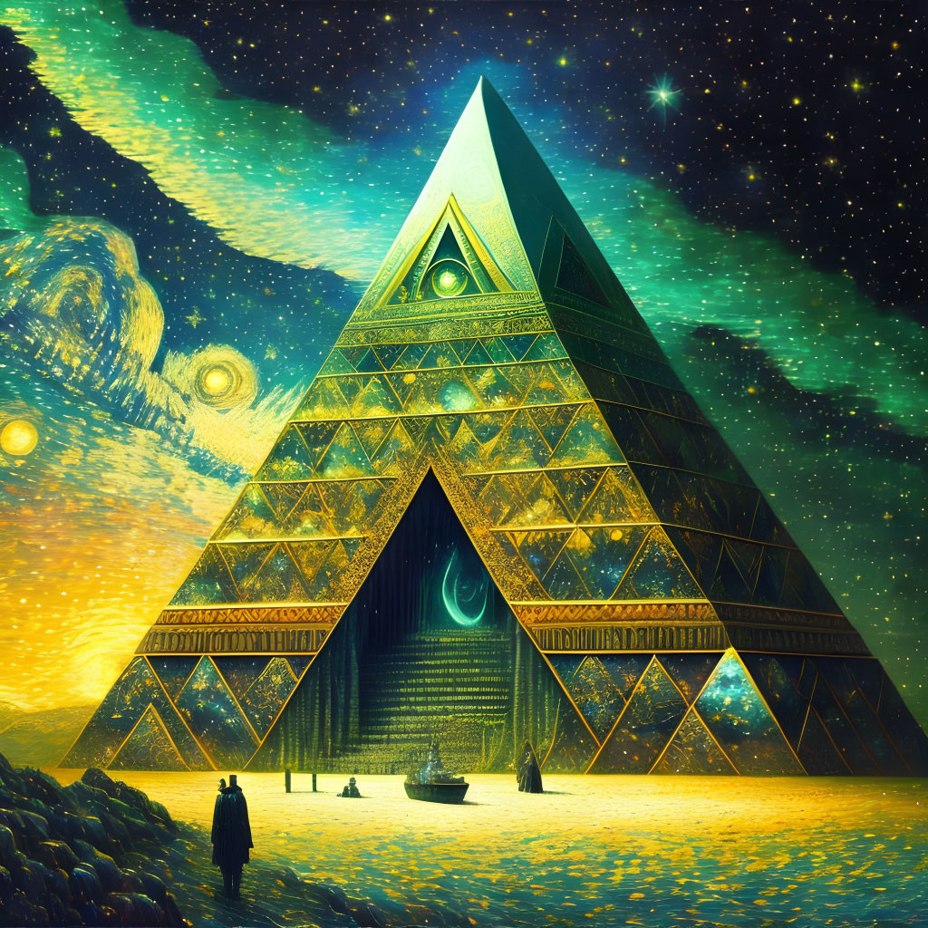 Glowing pyramid under starry sky with cosmic elements and small figures