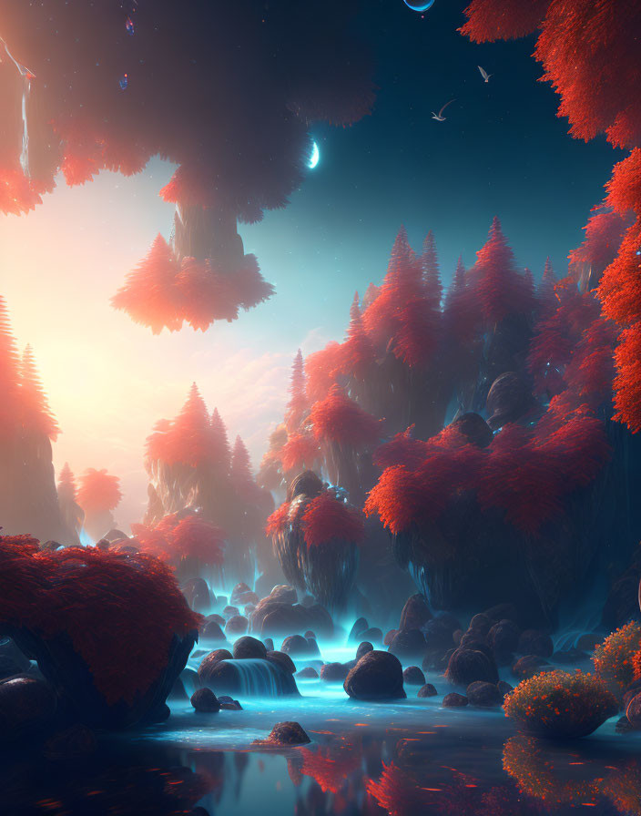 Fantastical landscape with floating islands and red foliage trees